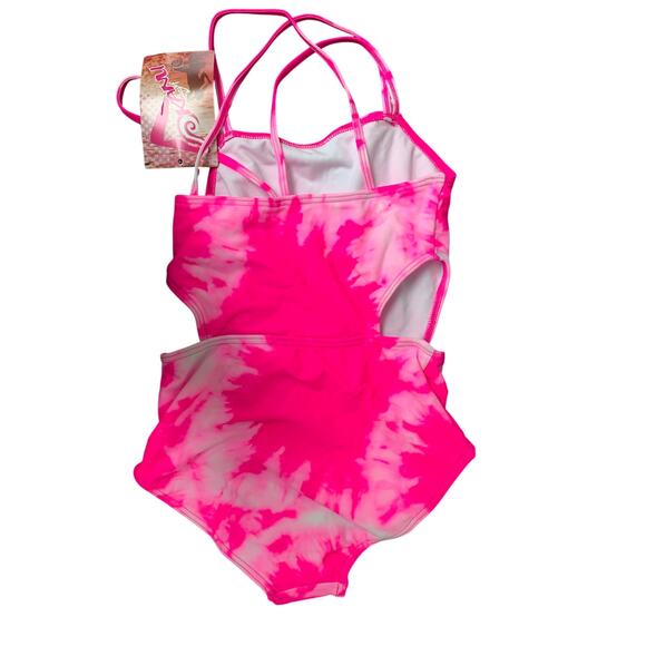 New Kanu Surf Girls Size 10 Beach Girl Neon Pink Sport Cut-Out 1-Piece Swimsuit - Picture 2 of 2